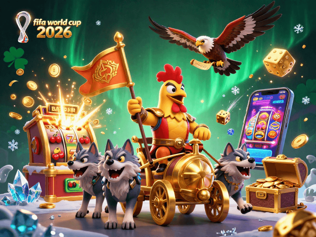Engage in thrilling FIFA World Cup 2026-themed casino fun with vibrant 3D illustrations of games and characters.