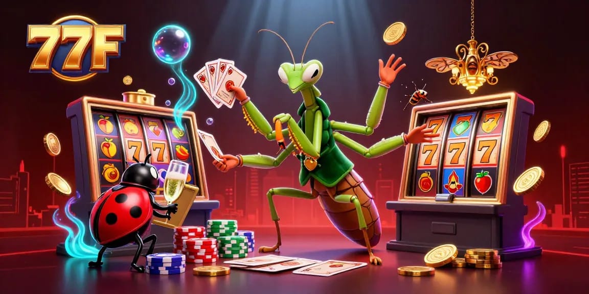 Ilustração artística 3D de jogo com 77F, apresentando um louva-a-deus e uma joaninha em cenas de cassino.