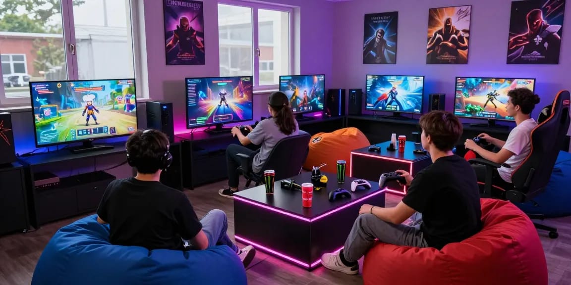 Friends enjoying a multiplayer lucky77 gaming session in a vibrant lounge.