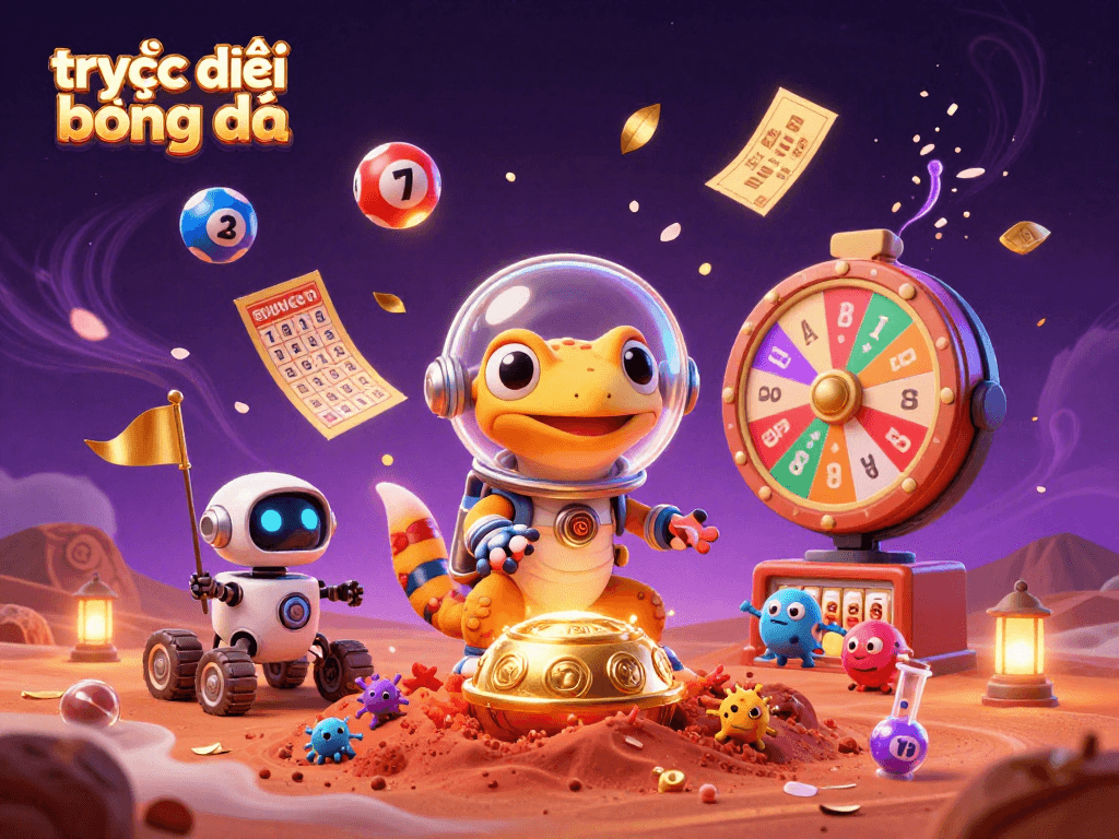 Experience trực tiếp bóng đá at a vibrant casino scene with a dynamic Martian gecko and colorful lottery elements.