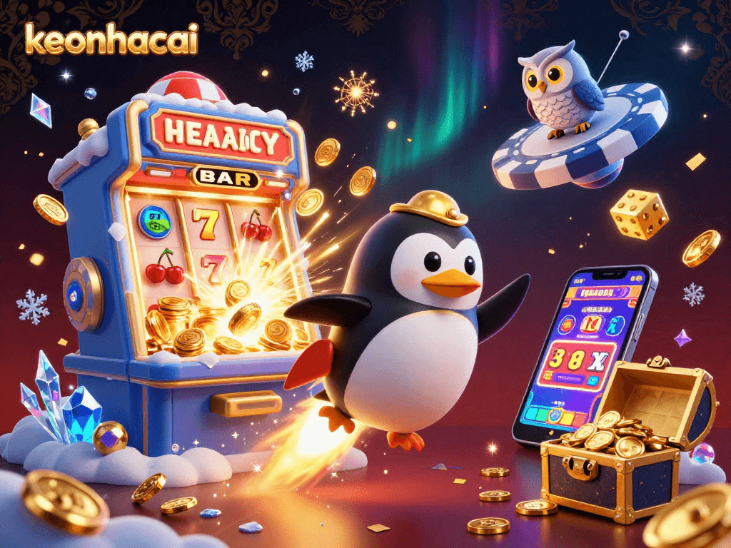 Experience the thrill of keonhacai as the golden penguin blasts through a vibrant casino space scene.
