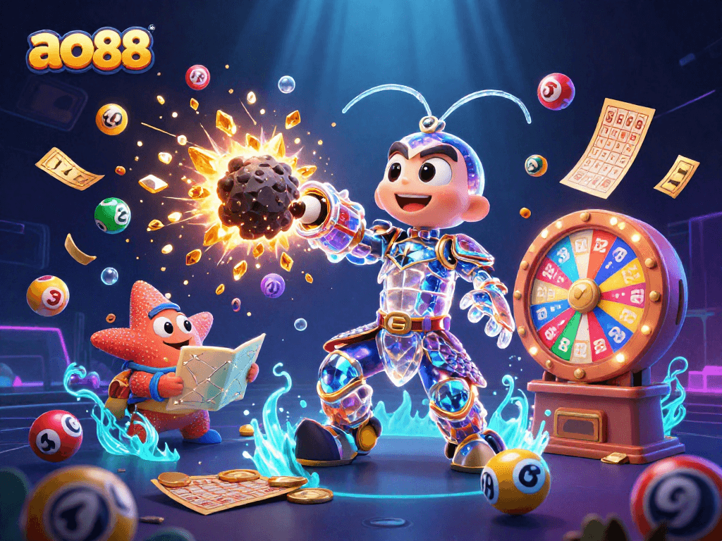 Engage with ao88 as a galactic mantis shrimp punches through asteroids, surrounded by vibrant gaming elements.