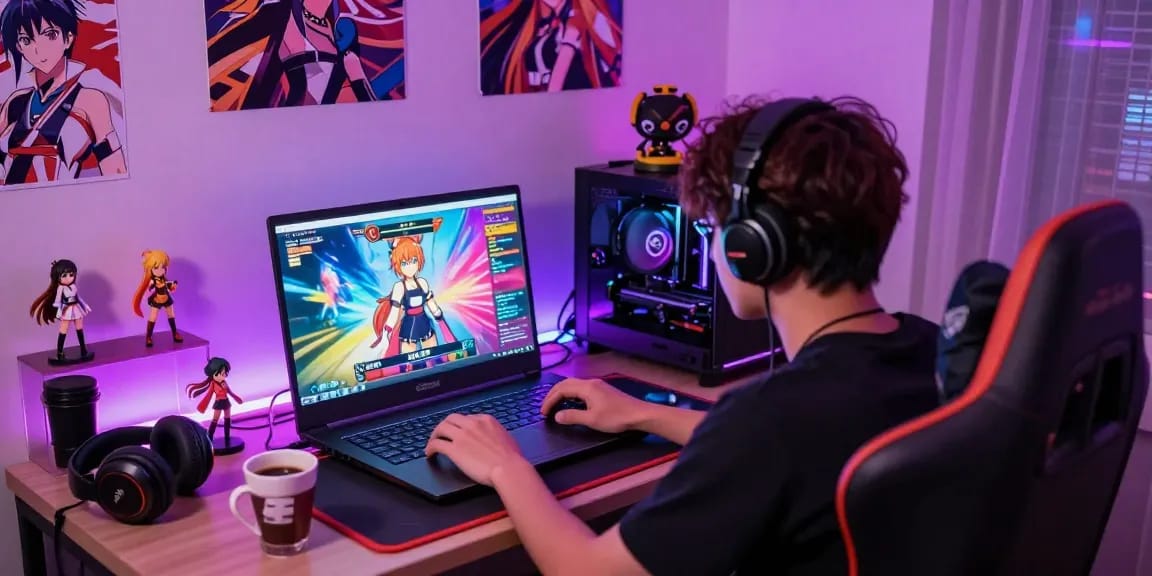 Player enjoying an immersive hentai game on a vibrant gaming laptop in a cozy gaming room filled with anime collectibles.