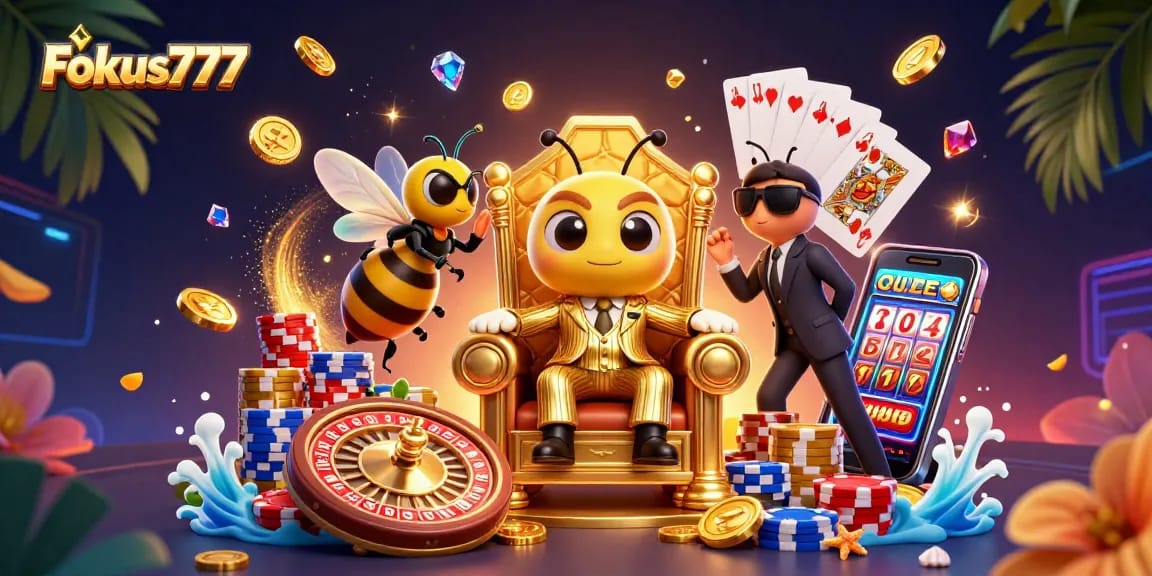 Experience thrilling gaming at Fokus777 with dynamic scenes filled with golden coins and excitement.