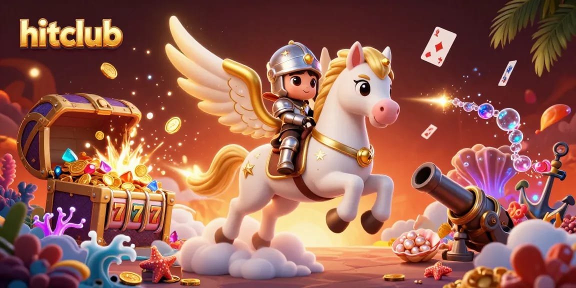 Join hitclub's thrilling adventure with our celestial white horse and knight among slot reels and treasure!