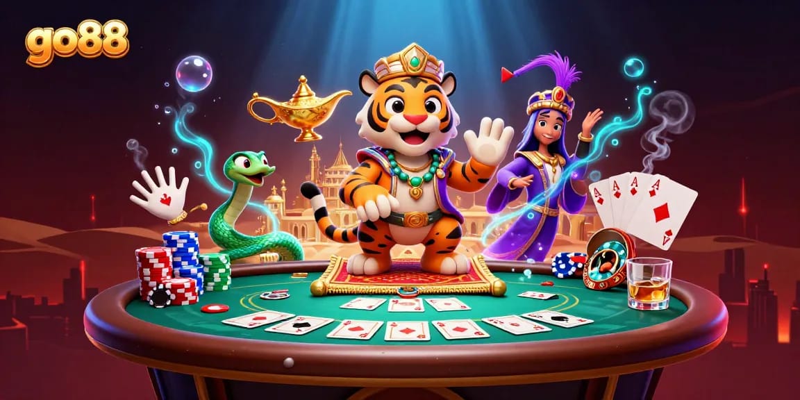 Experience go88 gaming magic with a vibrant casino scene featuring an Arabian Nights-themed sultan.