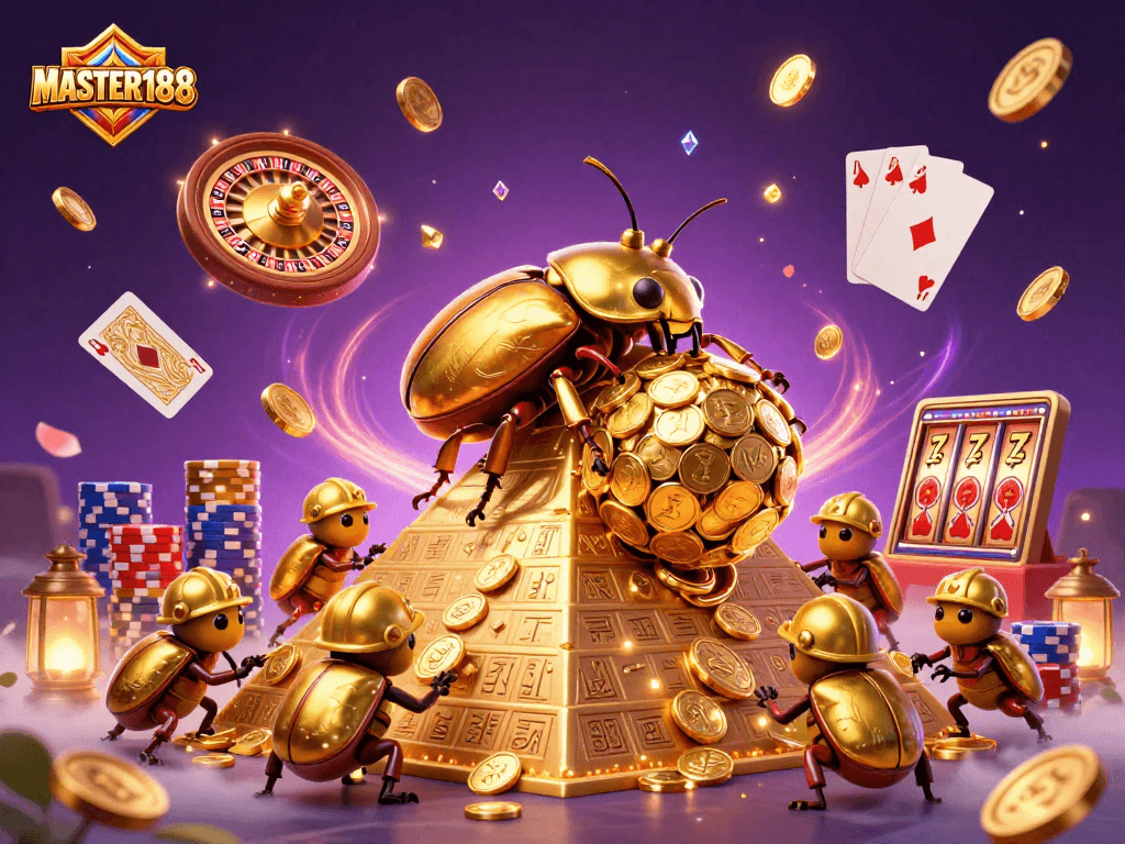 Experience the excitement of MASTER188 with golden beetles rolling coins and casino elements in a vivid 3D scene.
