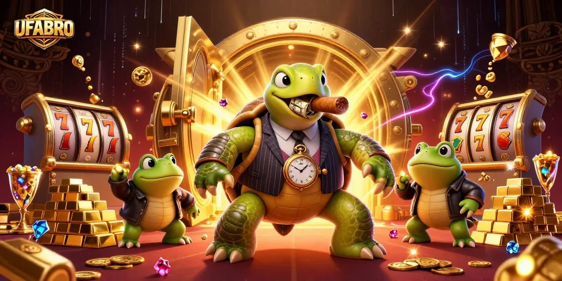 UFABRO offers thrilling casino action with a stylish mobster turtle and bullfrog enforcers in a vibrant setting.