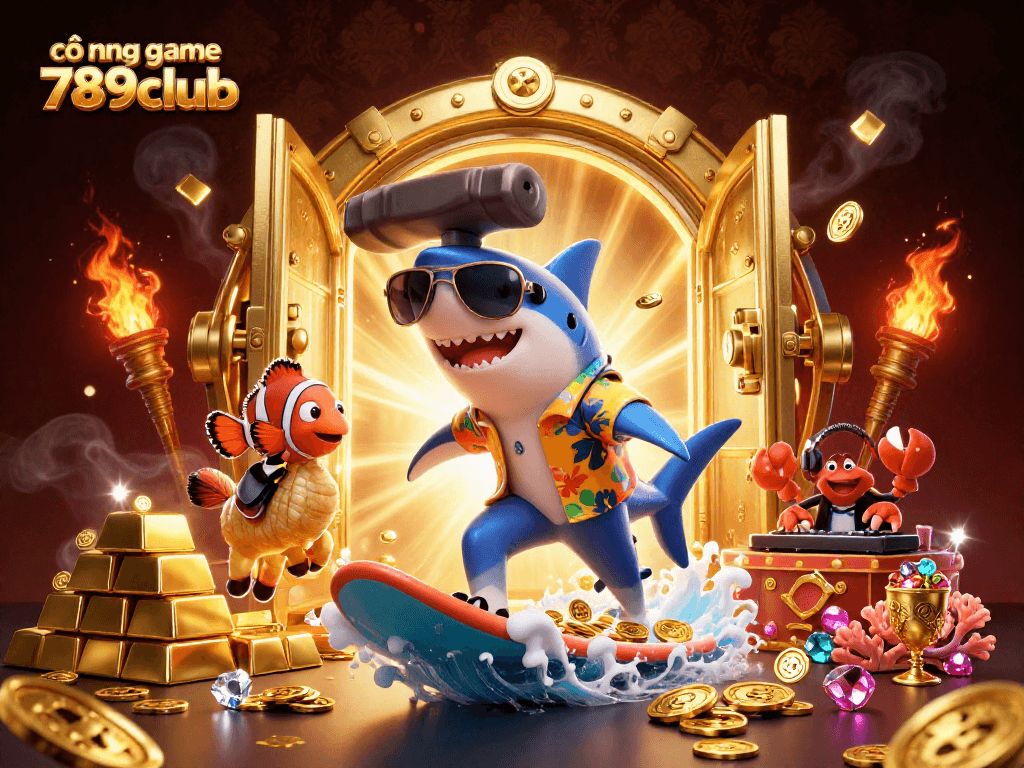 Engage with cổng game 789club while enjoying 3D cartoon characters amidst treasures and vibrant casino elements.