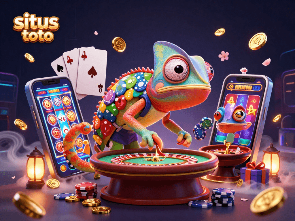 Visualisasi situs toto dengan chameleon kasino menawan yang menangkap koin emas.