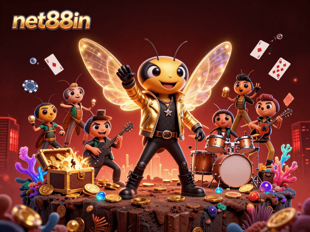 Engage with net88in's vibrant online casino scene featuring dynamic characters and colorful gaming elements.