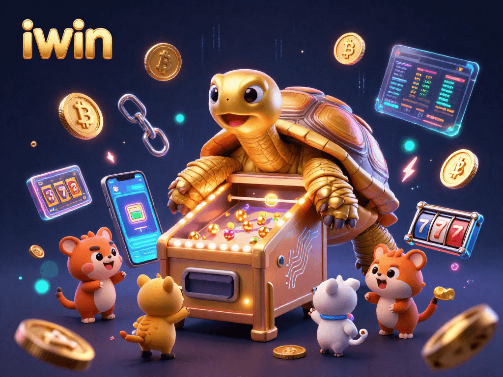 Play exciting casino games at iwin with a colossal golden tortoise and vibrant crypto elements.