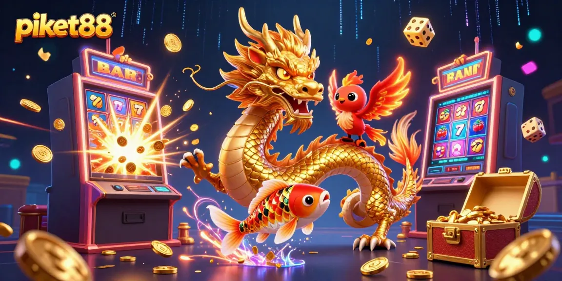 Experience thrill at piket88 with a golden dragon, phoenix, and koi fish amid vibrant casino action.