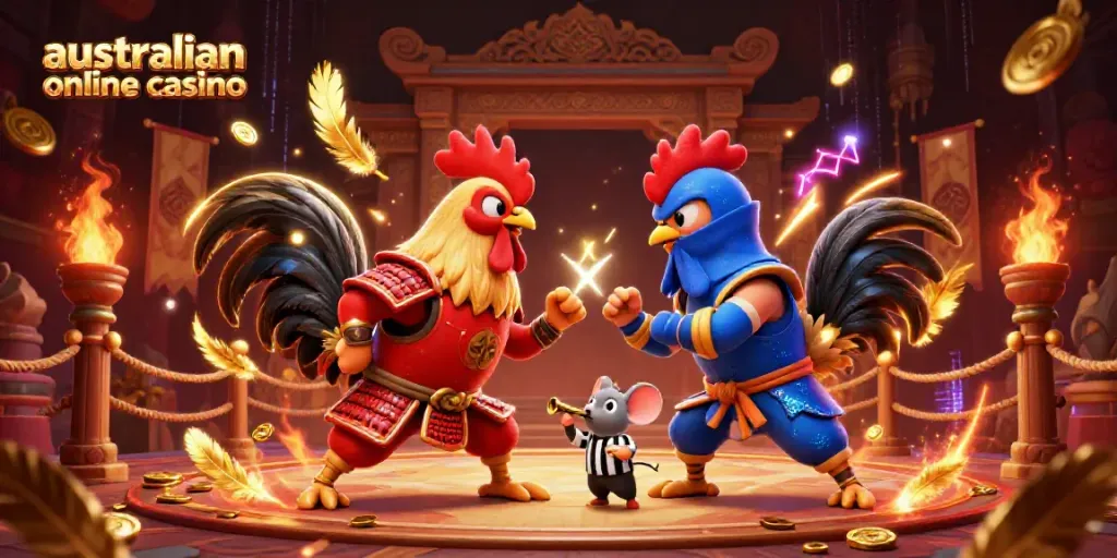 Engage with the dynamic scene of twin roosters representing an australian online casino amidst riches and vibrant casino elements.