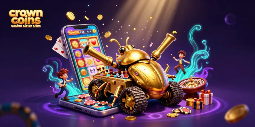 Engaging illustration of crown coins casino sister sites featuring a golden beetle tank casino and mobile slot game action.