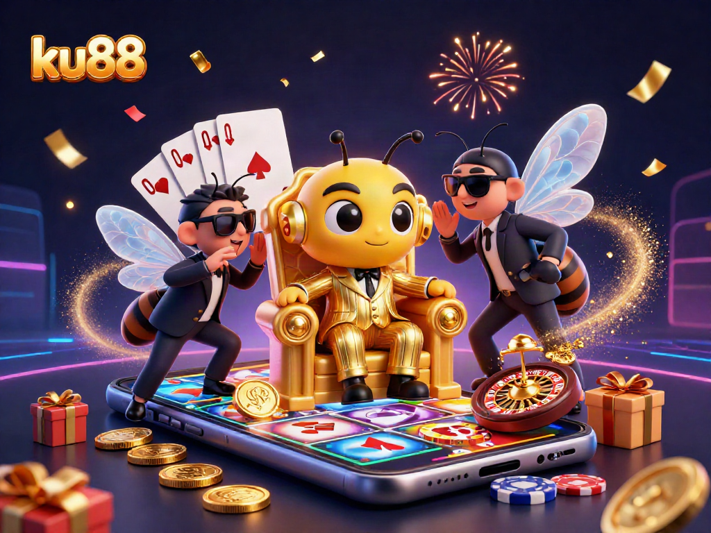 ku88 showcases a vibrant 3D casino scene with a bumblebee mob boss and colorful gaming elements.