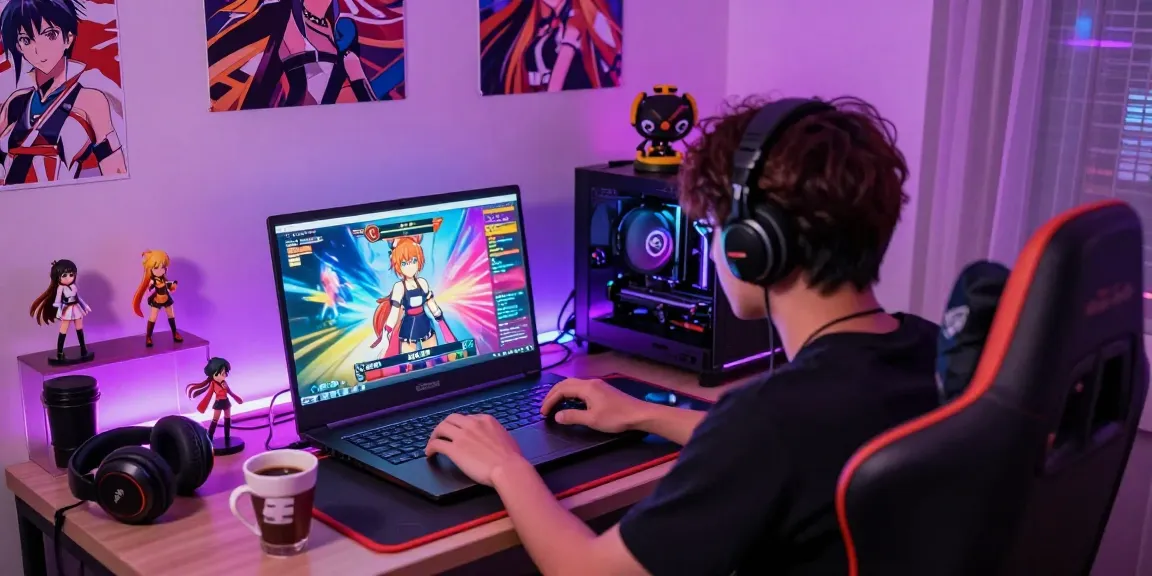 Player enjoying an immersive hentai game on a vibrant gaming laptop in a cozy gaming room filled with anime collectibles.