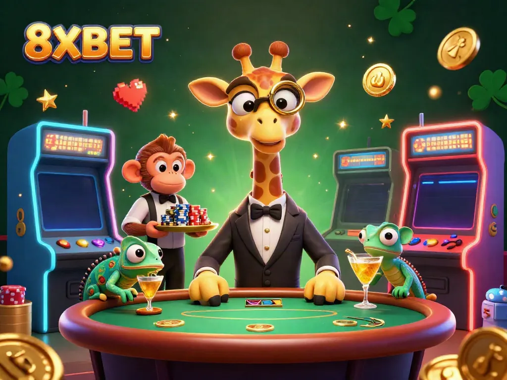 8XBET offers exhilarating gaming experiences featuring a high-roller giraffe at a VIP poker table.