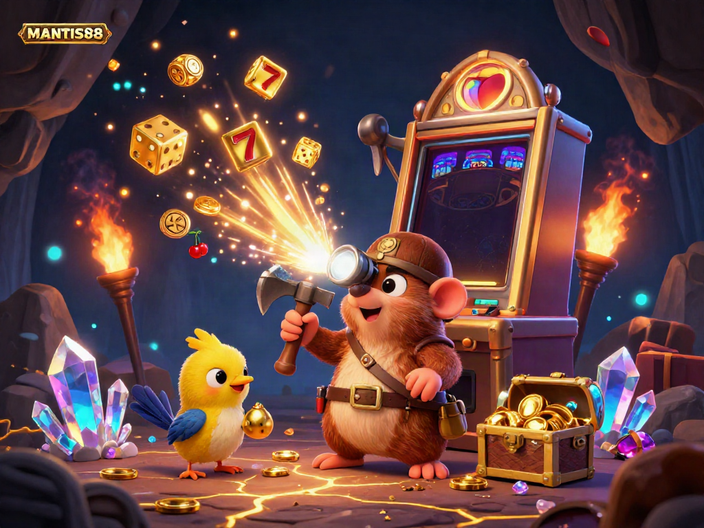 MANTIS88 offers a unique gambling experience with a treasure hunter mole exploring slots and rewards in a captivating cave.