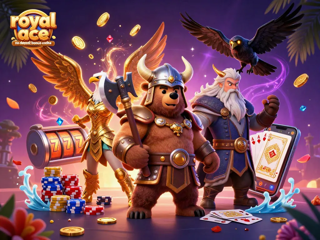 Win big with royal ace no deposit bonus codes while enjoying vibrant casino-themed illustrations of bears and eagles.