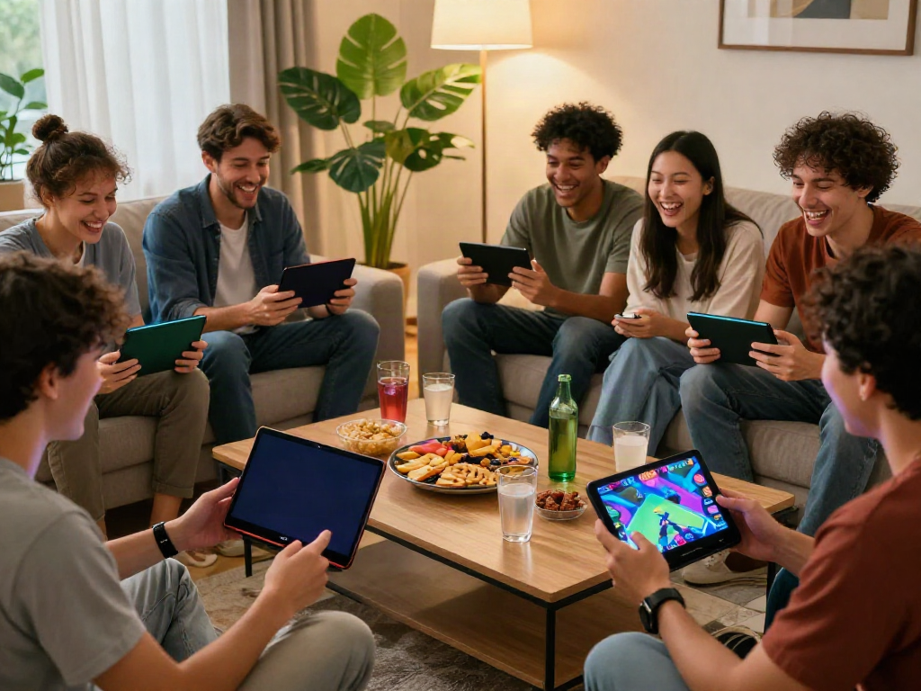 Engaged adults playing Yono Games in a cozy living room.