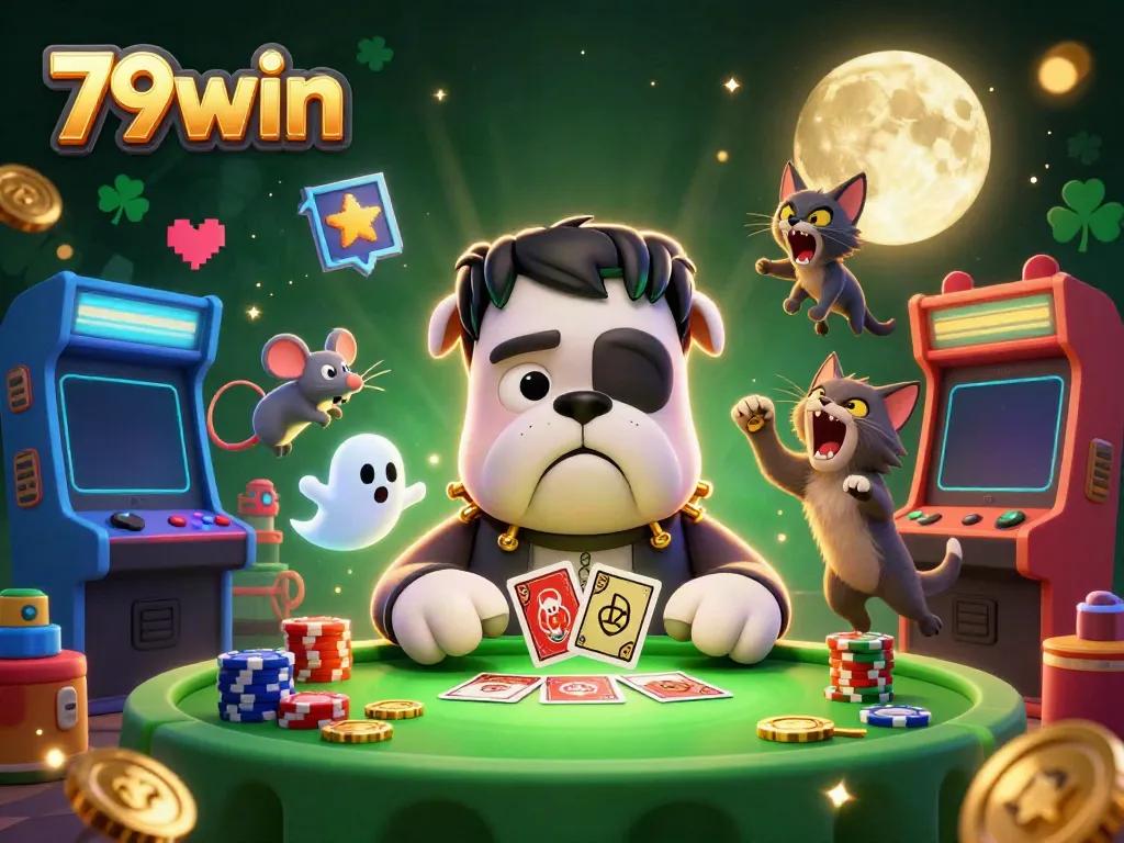 Play 79win with a lively 3D scene featuring a Frankenstein bulldog dealer and playful characters.