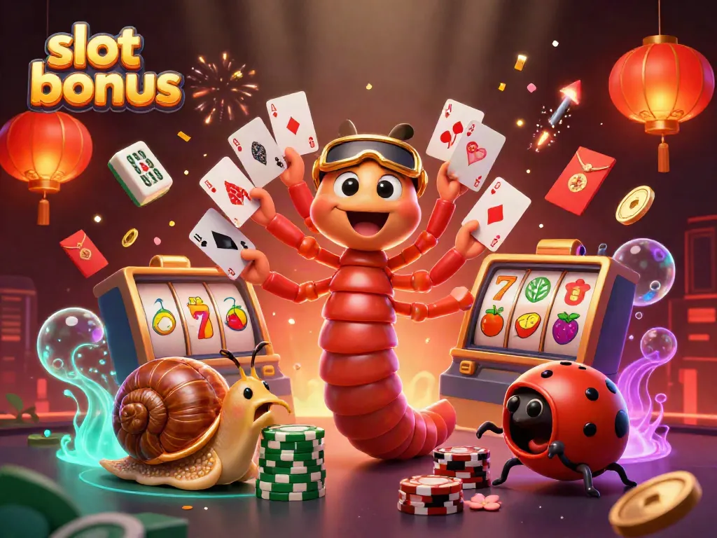 Experience the excitement of slot bonus gaming with a whimsical 3D casino scene featuring a millipede dealer and high-roller snail.
