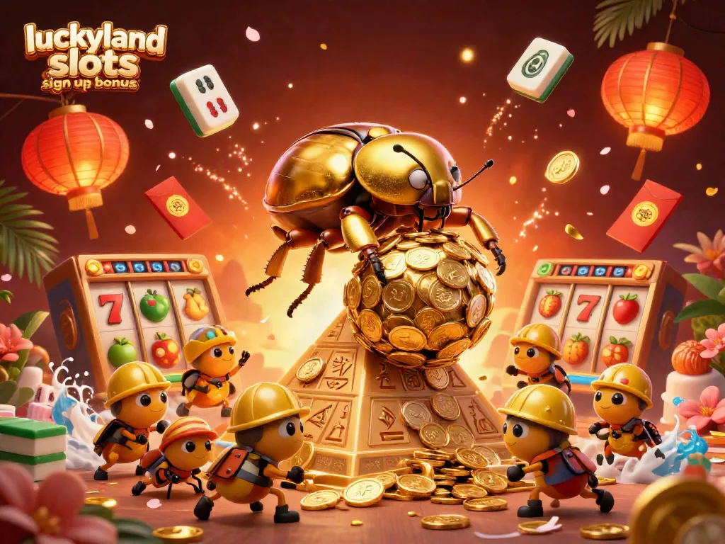 Claim the luckyland slots sign up bonus through a vibrant casino-themed 3D art illustration.