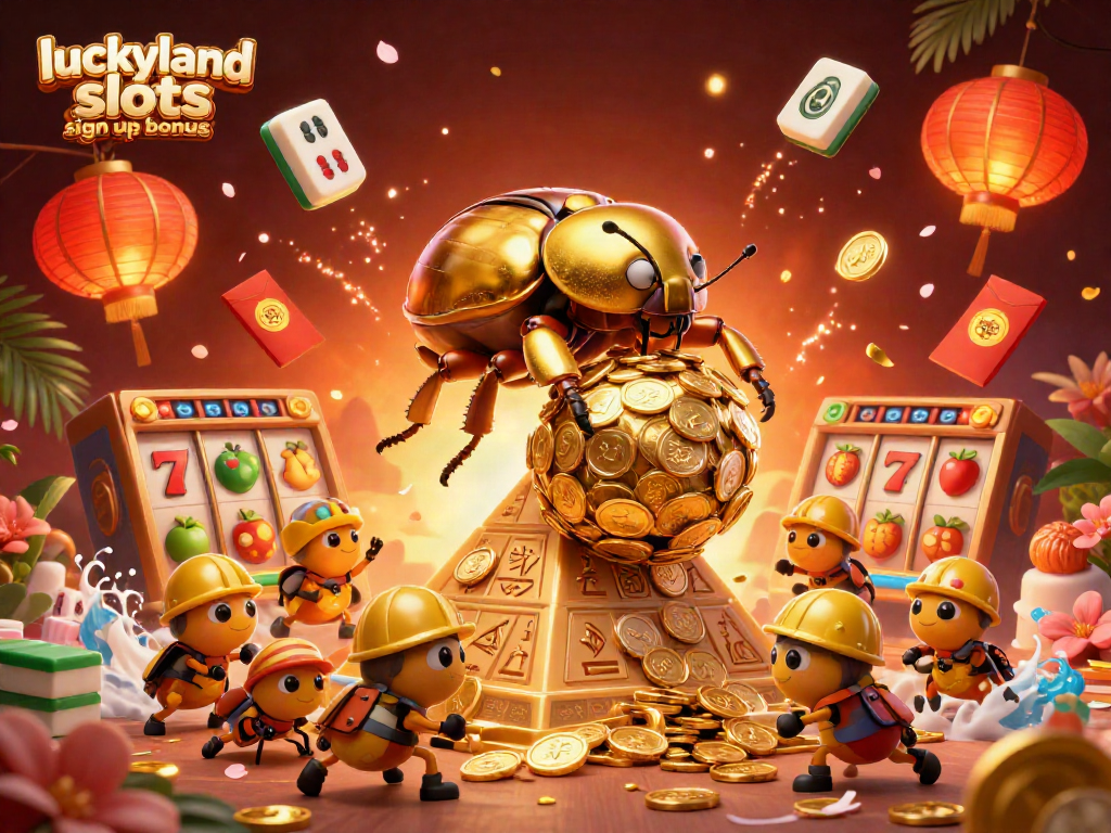 Claim the luckyland slots sign up bonus through a vibrant casino-themed 3D art illustration.