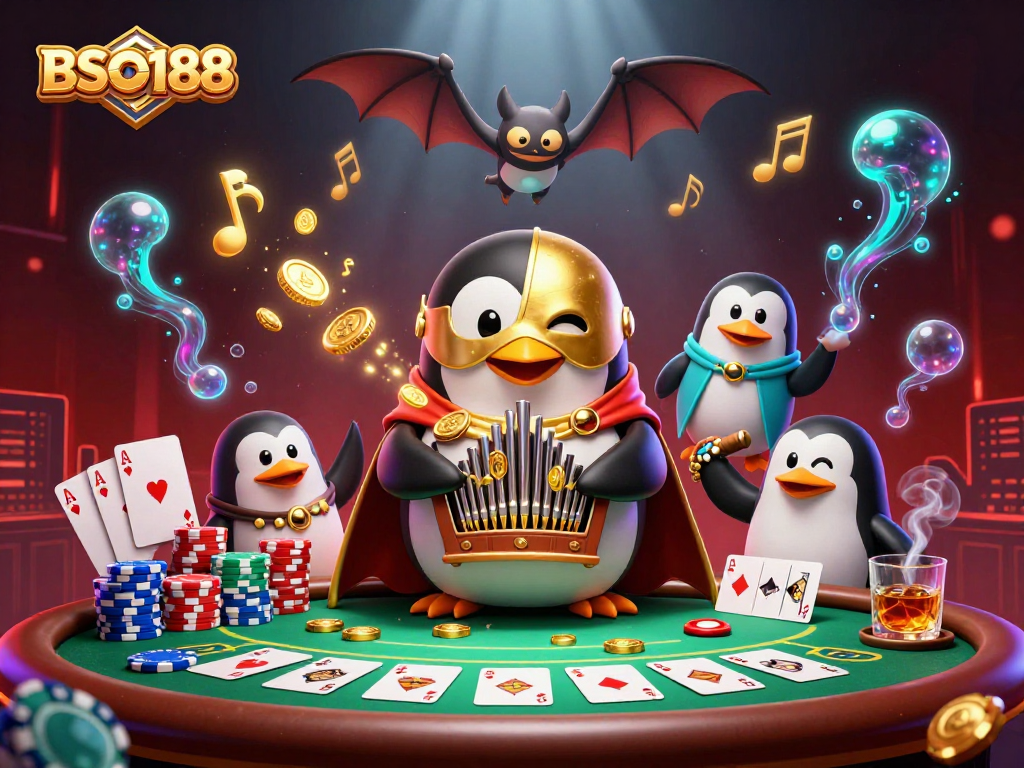 Engage with BSO188 in a vibrant 3D scene featuring a penguin playing an organ, surrounded by dynamic poker game elements.