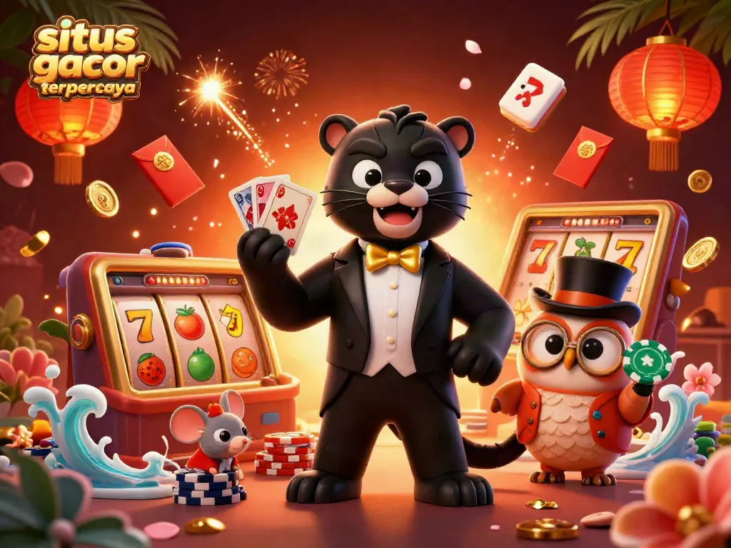 Engage in games at situs slot gacor terpercaya with a stylish panther dealer, an owl with poker chips, and lucky elements surrounding them.