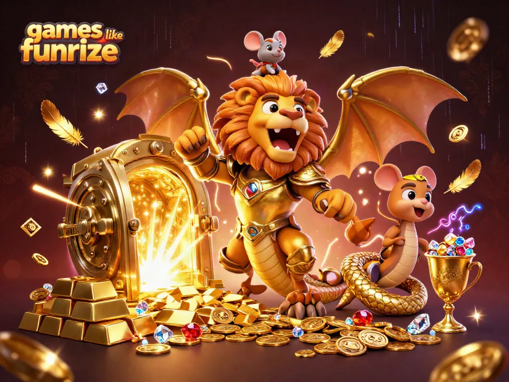 Play engaging games like Funrize in a vibrant casino-themed scene with gold treasures.