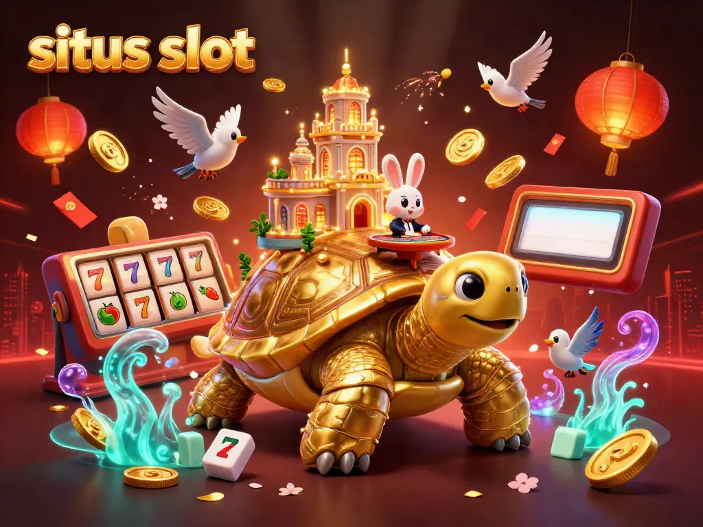 Ilustrasi dari situs slot dengan kura-kura emas dan dealer kelinci di atasnya, dikelilingi elemen permainan yang meriah.