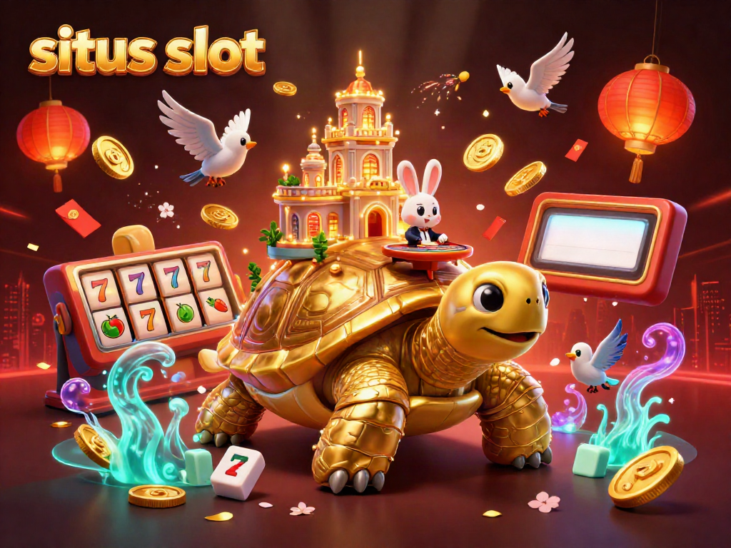 Ilustrasi dari situs slot dengan kura-kura emas dan dealer kelinci di atasnya, dikelilingi elemen permainan yang meriah.