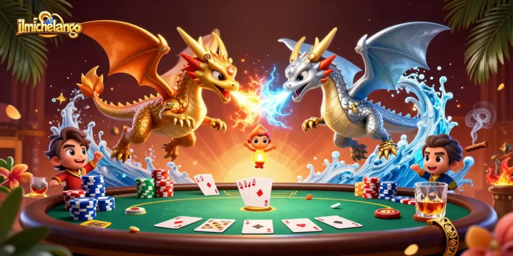 Experience the thrilling poker action at ilmichelangelo with twin dragons and dazzling casino elements.