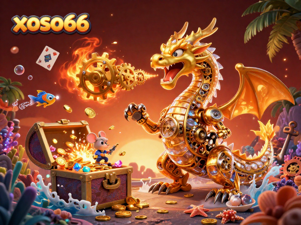 Experience the thrilling action of xoso66 with a golden dragon breathing gears and gems!