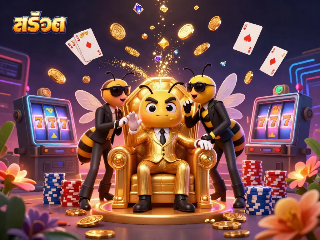 Spin สล็อต reels and win big with a dazzling 3D scene showcasing vibrant casino elements.