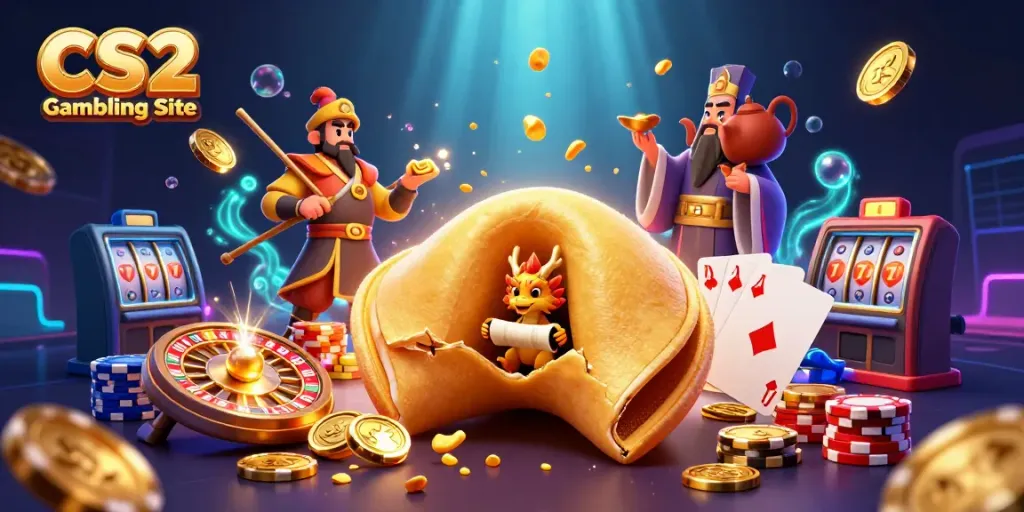 Engage with CS2 Gambling Site featuring an ultra-detailed scene of fantasy characters, coins, and casino elements.