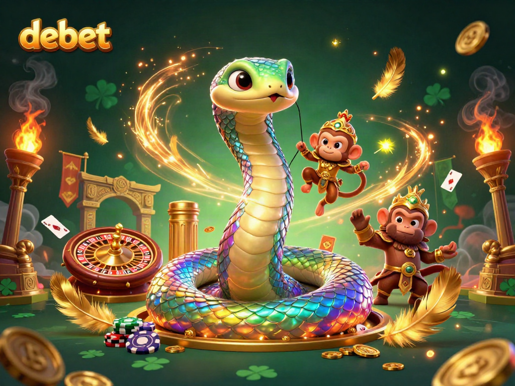Experience dynamic casino action with debet's rainbow serpent and monkey king in a vibrant 3D scene.