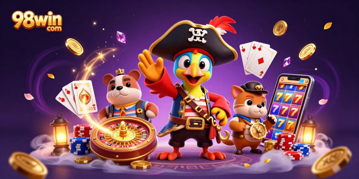 Enjoy thrilling gameplay at 98win com with a vibrant pirate-themed 3D illustration featuring casino elements.