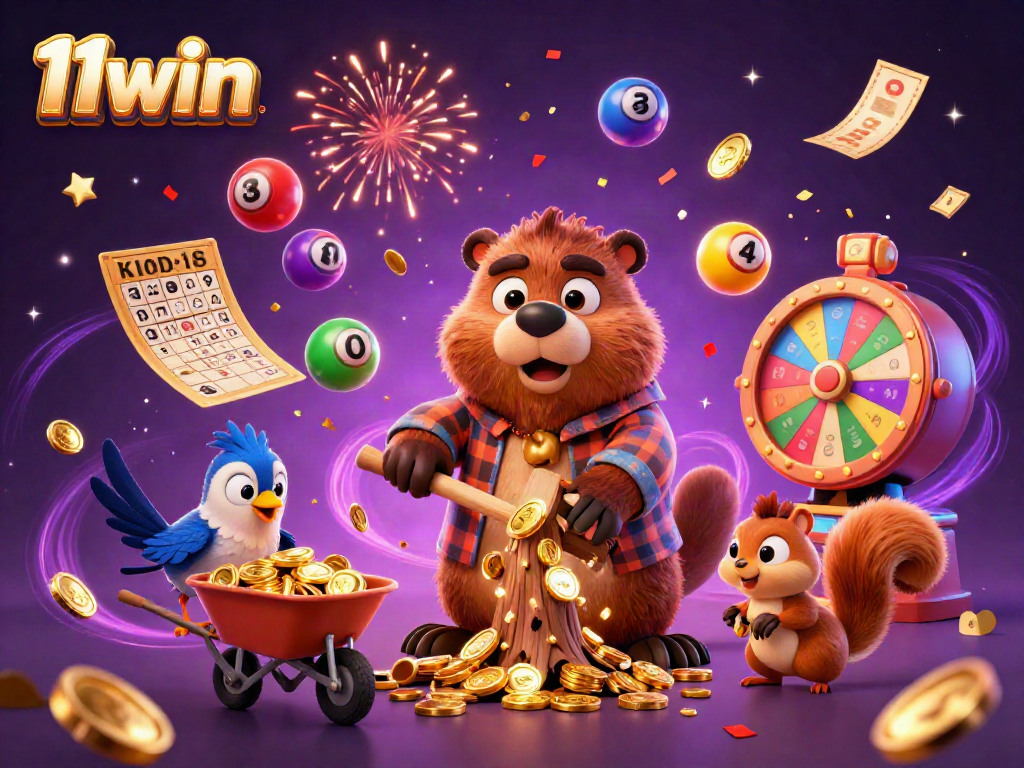 Joyful 11win gambling scene with a beaver, bird, and squirrel collecting golden coins and playing games.