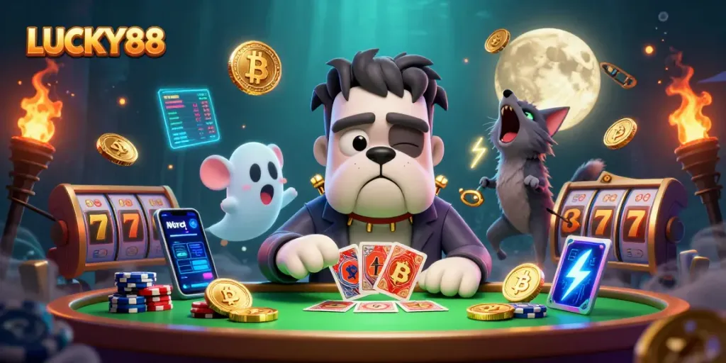 Engage in the action at LUCKY88 with a thrilling casino scene featuring exciting characters and crypto elements.
