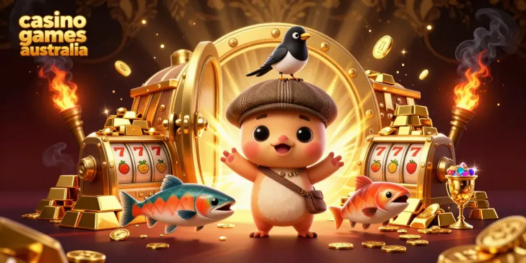 Explore enchanting casino games Australia with playful characters amidst sparkling treasures.