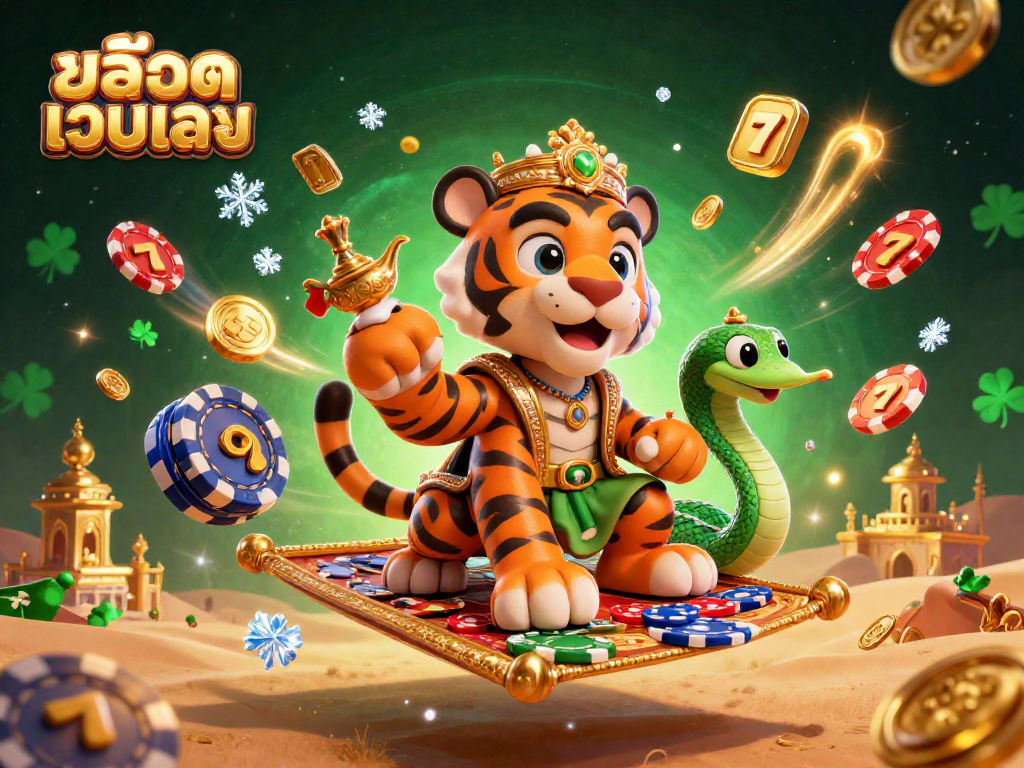 Engage with สล็อตเว็บตรง through a vibrant 3D scene featuring a tiger sultan and casino elements.