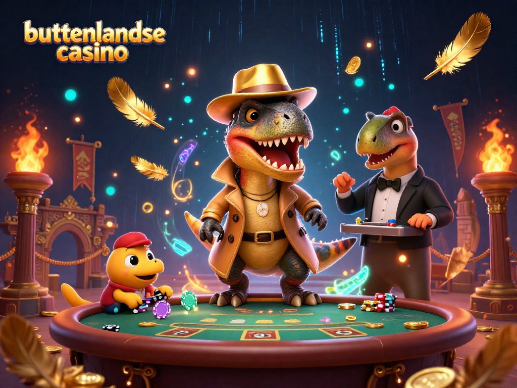 Ilustrasi luar biasa dari velociraptor dan stegosaurus di kasino internasional, menambah pengalaman buitenlandse casino.
