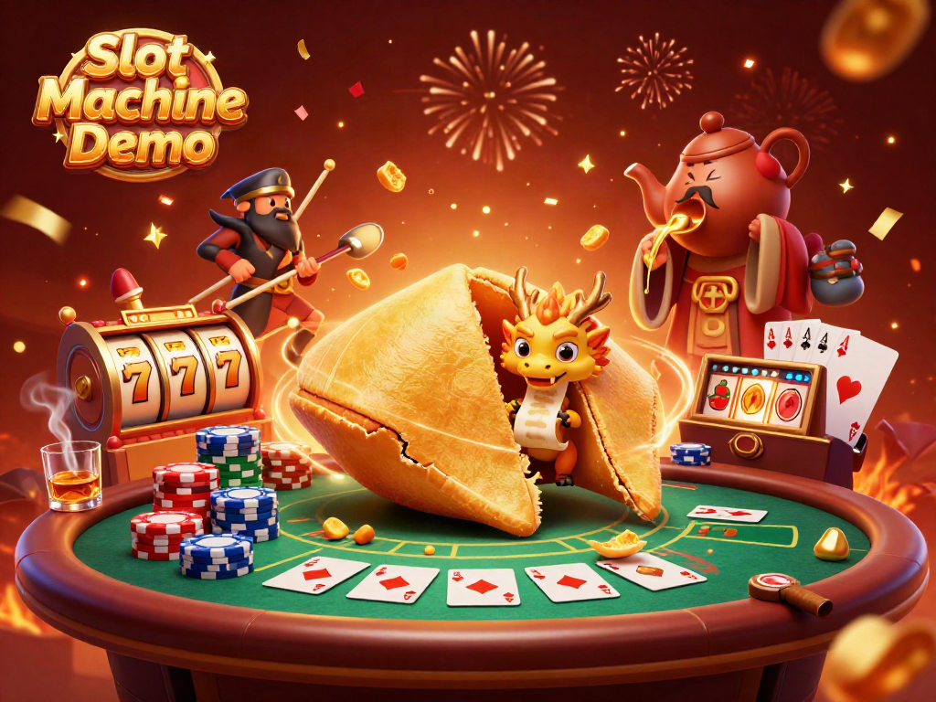 Engage in exciting action with Slot Machine Demo as a wise dragon and golden fortune cookie illuminate a vibrant casino scene filled with poker chips and slot reels.