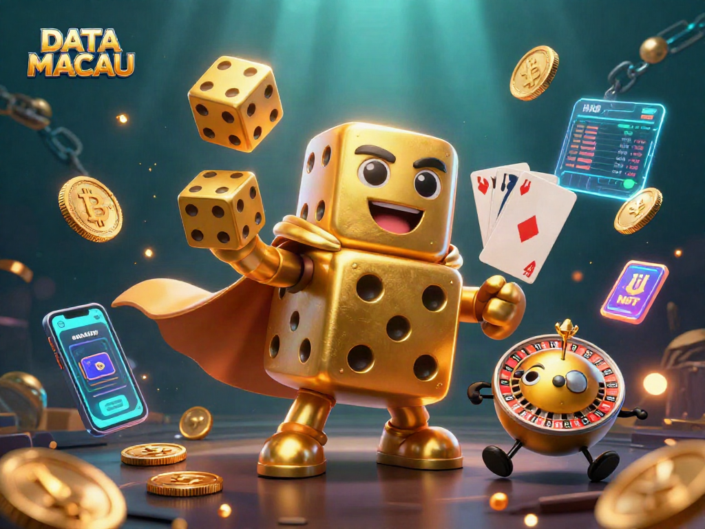 Engaging DATA MACAU illustration showcases a golden dice golem and digital casino elements for online gamblers.