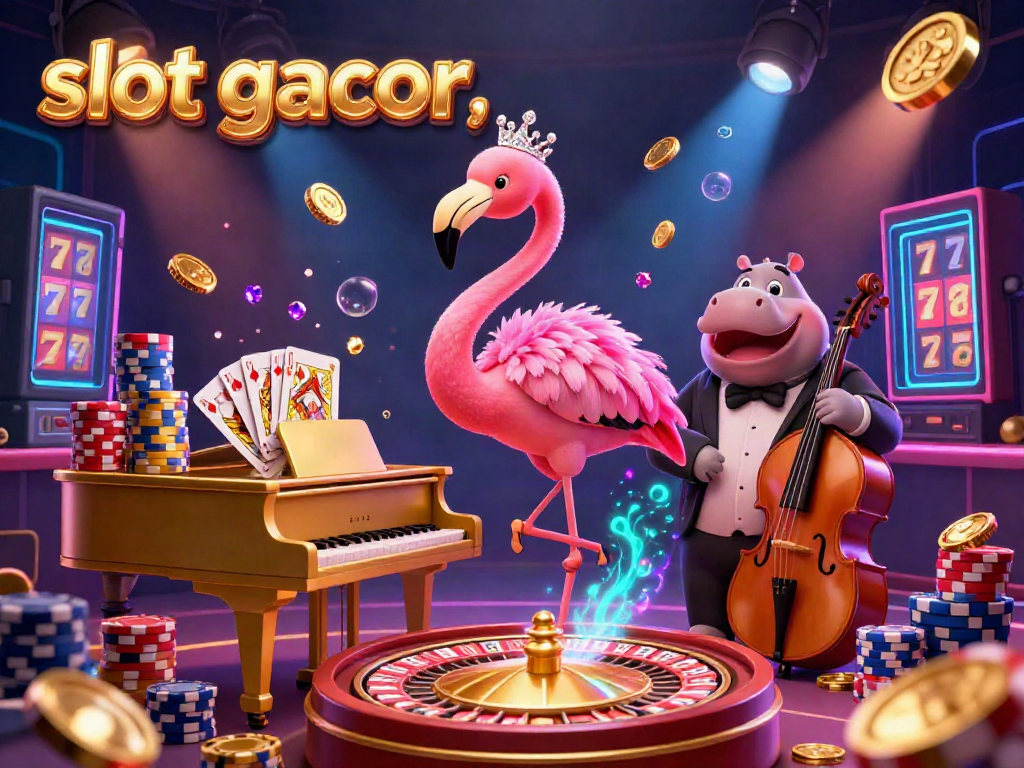 Experience the vibrant world of slot gacor with a lively casino scene featuring a flamingo singer and hippo bassist.
