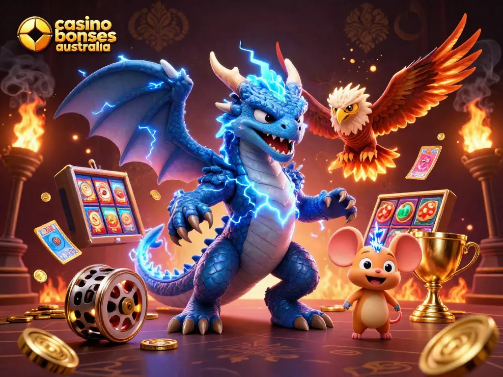 Engage with casino bonuses australia through dynamic 3D elements showcasing dragon and hawk mascots amid lively casino imagery.