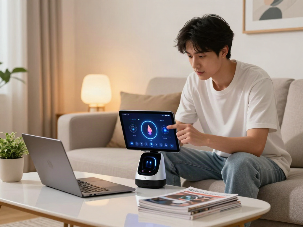 User interacting with a sophisticated sex bot on a tablet in a cozy living room, showcasing modern technology.